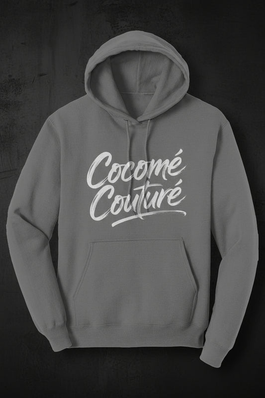 Front view of gray CocoMe Couture Unique Look Hoodie featuring large white script logo, kangaroo pocket, and drawstring hood.