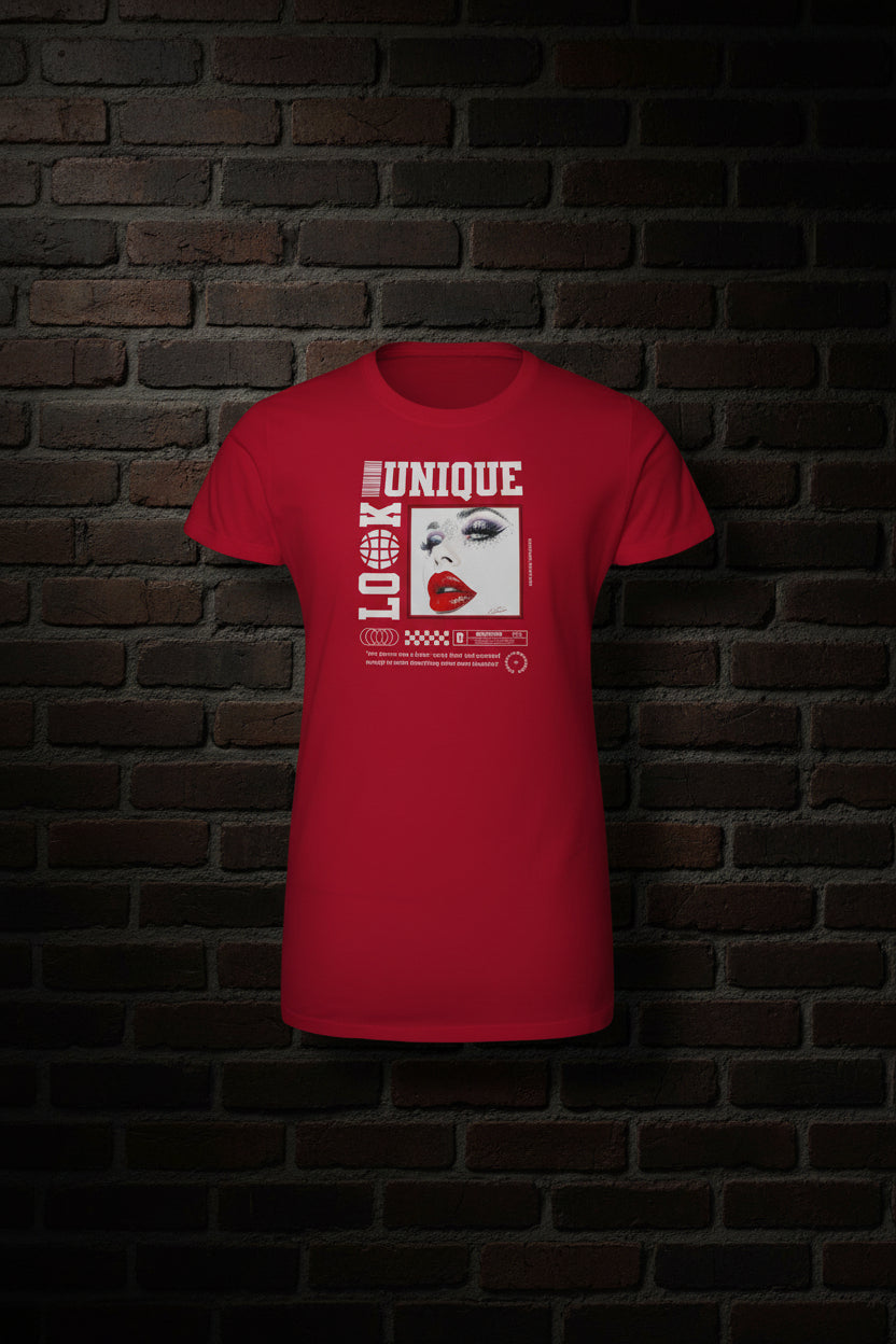 Red t-shirt with graphic design on the back on a white background