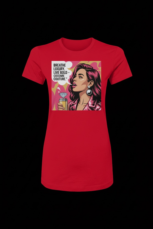Breathe Luxury Slim Fit Tee in red featuring a bold graphic of a stylish woman with earrings and a diamond, perfect for fashion-forward apparel brands.
