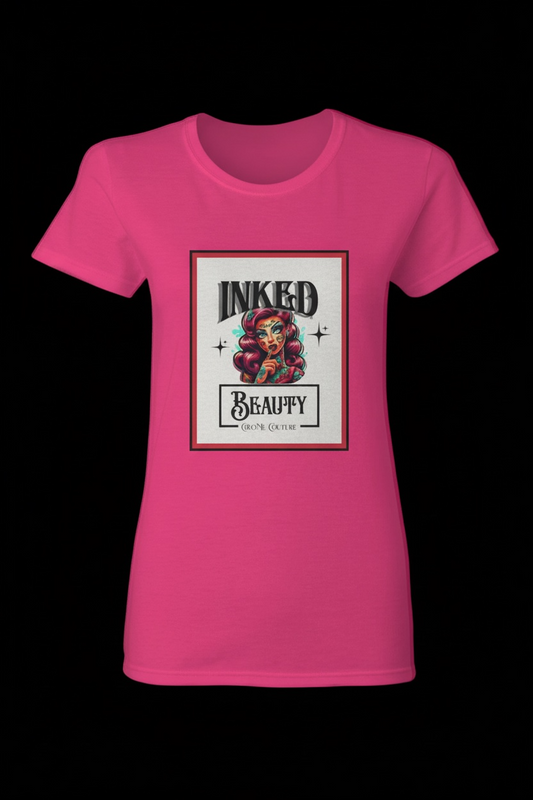 Inked Beauty Premium Tee in pink with bold graphic print of a tattooed woman. Stylish Gildan cotton t-shirt for everyday fashion.