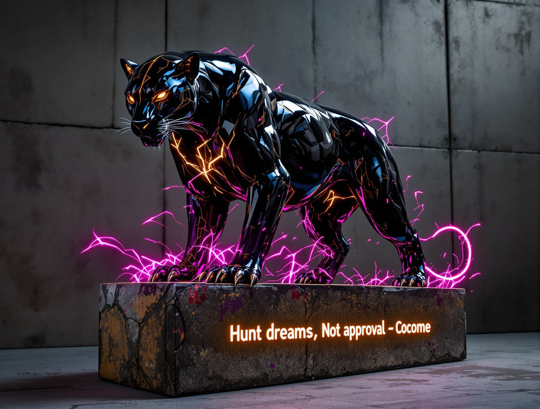 Futuristic black panther statue with neon accents and bold quote.