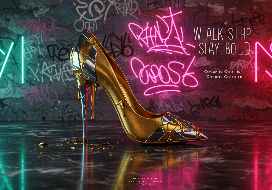 Fierce golden stiletto with shattered mirror heel against neon graffiti wall.