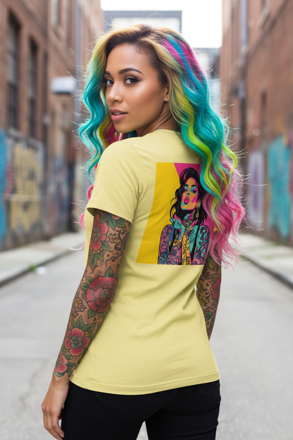 Inked Icon Premium Tee in soft yellow featuring bold graphic of tattooed woman on back, styled for edgy street fashion in urban alley setting.