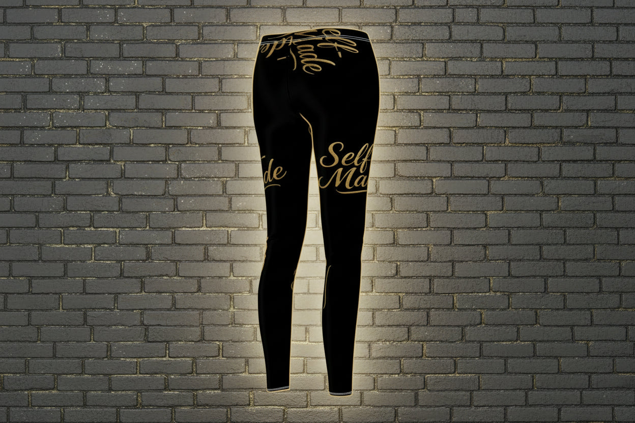 Self Made Gold Script Leggings: Black high-waist women's activewear with motivational print on a gray brick wall.