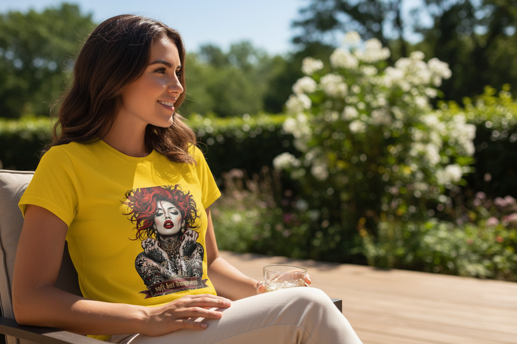 Woman outdoors wearing the yellow Soft but Dangerous Performance Tee, a moisture-wicking women's activewear t-shirt.