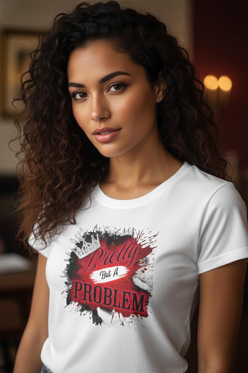 Model wearing a white Pretty But A Problem graphic tee, a heavyweight cotton women's t-shirt with a red and black design.