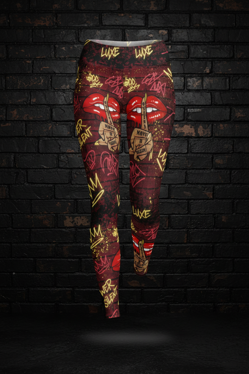 Queens Move In Silence high-waisted microfiber leggings featuring red lips and graffiti crown print on a brick background.