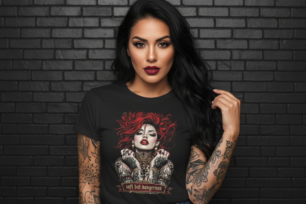 Woman in Soft but Dangerous Performance Tee activewear featuring a graphic of a tattooed woman against a black brick wall.