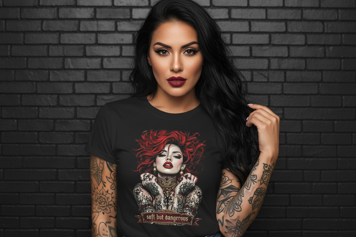 Woman in Soft but Dangerous Performance Tee activewear featuring a graphic of a tattooed woman against a black brick wall.