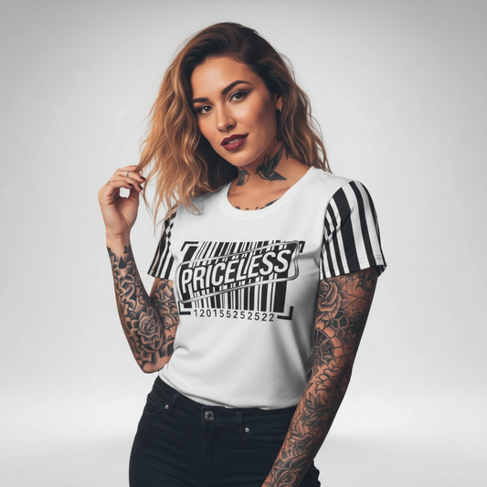 Woman wearing a white t-shirt with black text and graphics on a plain background