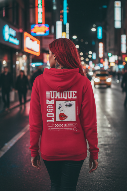 Model wearing red CocoMe Couture Unique Look Hoodie at night in city lights, showcasing bold graphic with red lips and 'Unique Look' text on back.