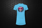 Turquoise women's slim fit graphic tee with a shushing lips city design against a black brick wall background.