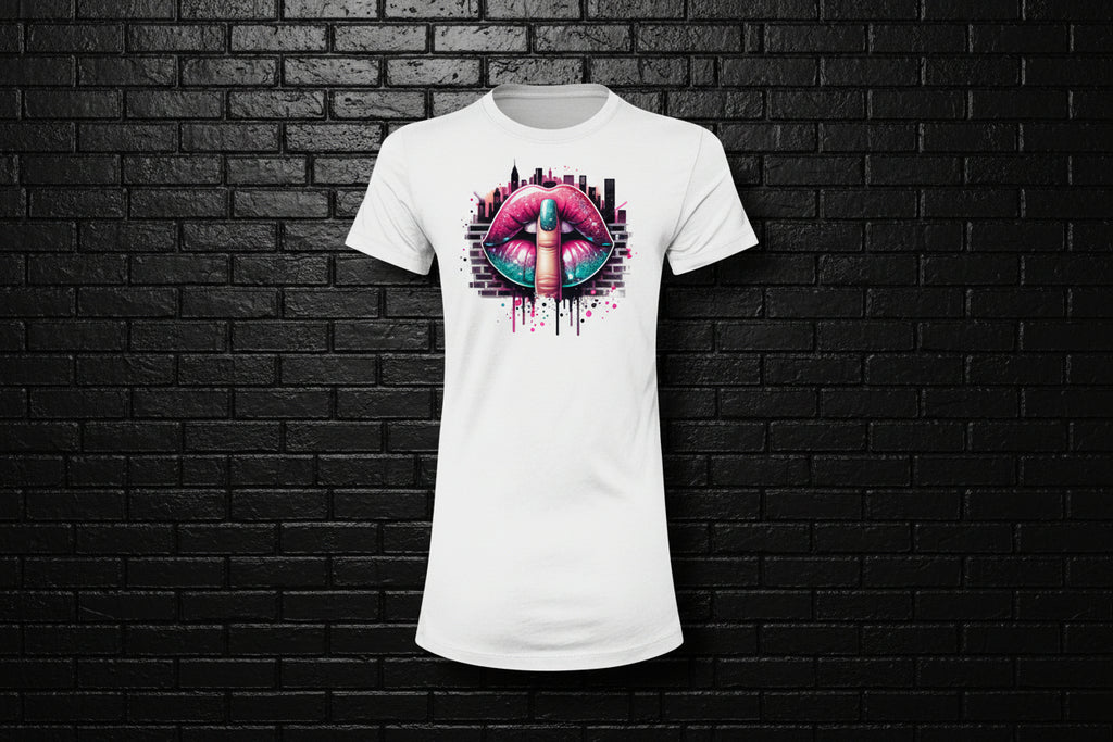 White Women's Slim Fit Graphic Tee with pink lip and finger 'shh' design against a black brick wall background.