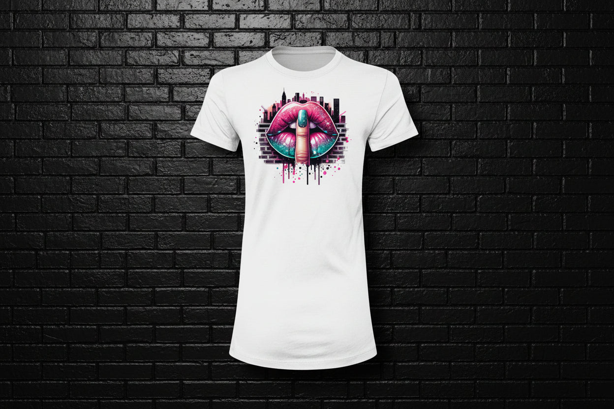 White Women's Slim Fit Graphic Tee with pink lip and finger 'shh' design against a black brick wall background.