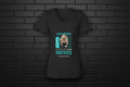 Black V-neck graphic tee featuring Unfiltered Unbothered design with turquoise accents on a dark brick wall background.