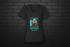 Black V-neck graphic tee featuring Unfiltered Unbothered design with turquoise accents on a dark brick wall background.