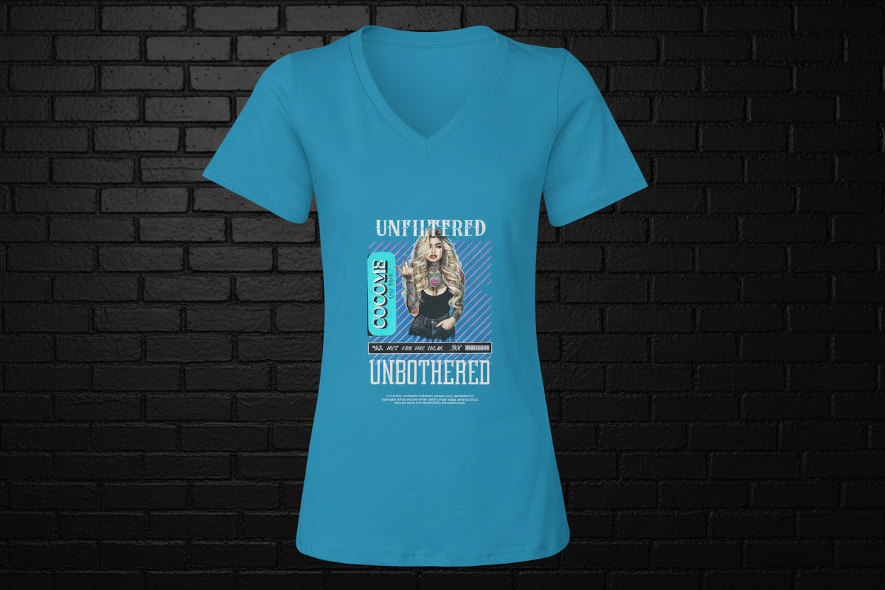 Turquoise V-neck graphic tee for women with 'Unbothered' character design against a black brick background.