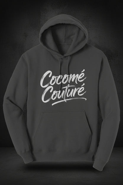 Front view of black CocoMe Couture Unique Look Hoodie with white script logo, combining minimalist design with bold branding.