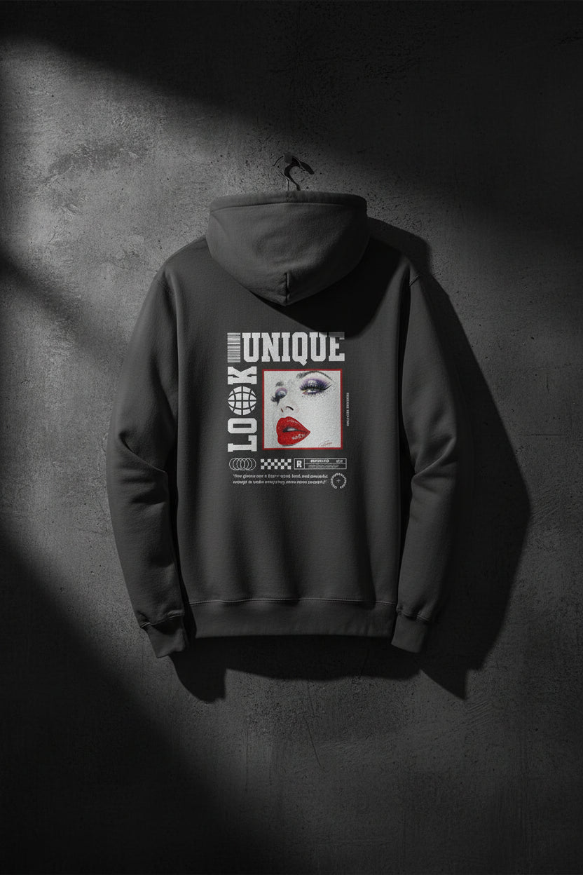 Back view of black CocoMe Couture Unique Look Hoodie featuring fierce femme artwork, red glitter lips, and barcode-globe graphic.