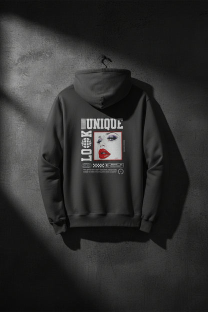 Back view of black CocoMe Couture Unique Look Hoodie featuring fierce femme artwork, red glitter lips, and barcode-globe graphic.