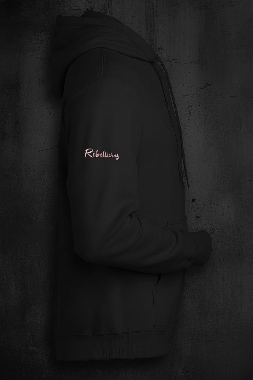 Side view of black CocoMe Couture Unique Look Hoodie showing 'Rebellious' text on sleeve, perfect for edgy fashion lovers.