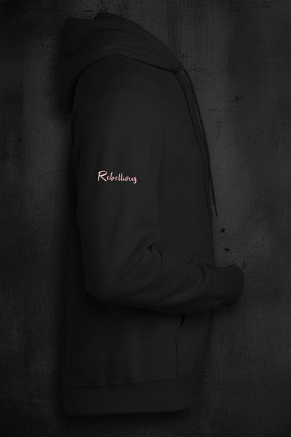 Side view of black CocoMe Couture Unique Look Hoodie showing 'Rebellious' text on sleeve, perfect for edgy fashion lovers.