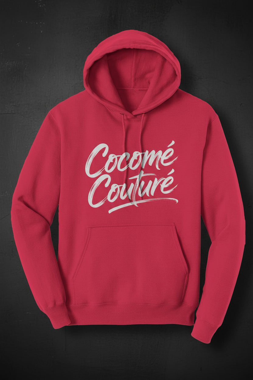 Front view of red CocoMe Couture Unique Look Hoodie with white script logo and classic hoodie design for bold streetwear appeal.