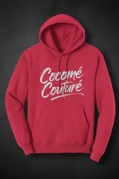Front view of red CocoMe Couture Unique Look Hoodie with white script logo and classic hoodie design for bold streetwear appeal.