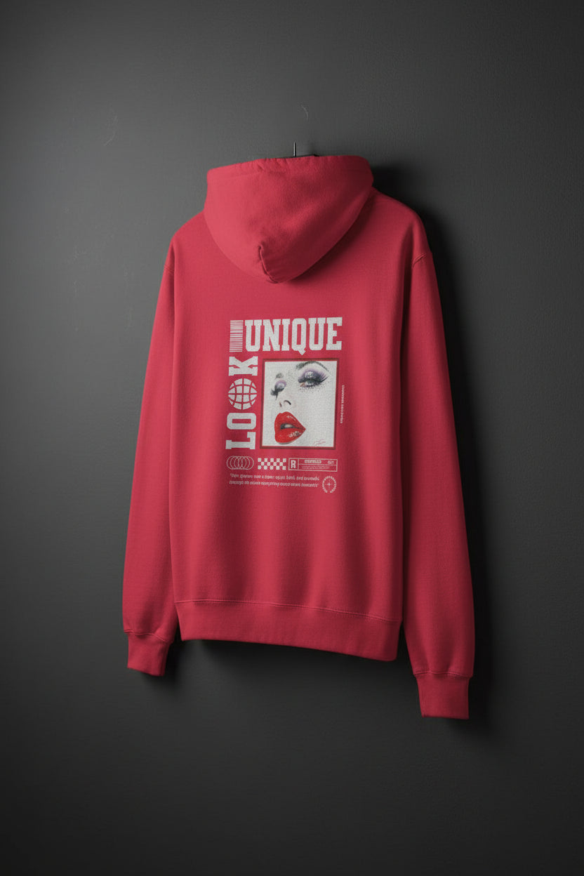 Back view of red CocoMe Couture Unique Look Hoodie with dramatic femme illustration, red lips, and streetwear-inspired graphic layout.