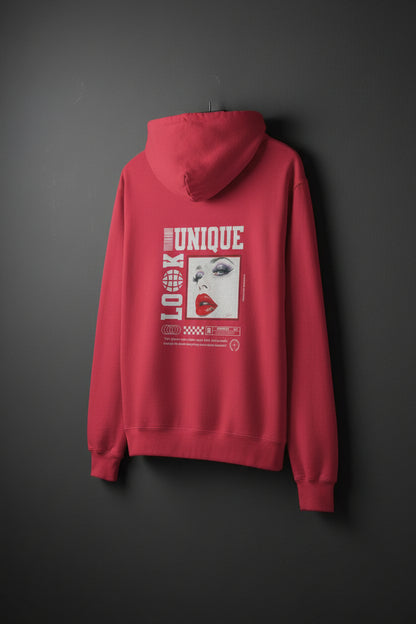 Back view of red CocoMe Couture Unique Look Hoodie with dramatic femme illustration, red lips, and streetwear-inspired graphic layout.