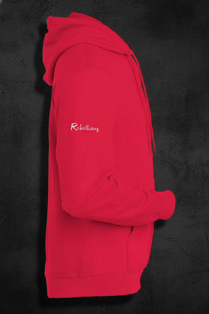 Side view of red CocoMe Couture Unique Look Hoodie featuring 'Rebellious' text on sleeve, blending edgy style with comfort.