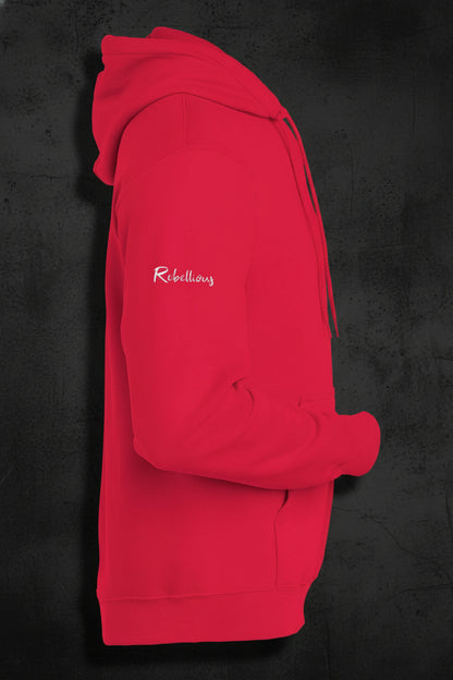 Side view of red CocoMe Couture Unique Look Hoodie featuring 'Rebellious' text on sleeve, blending edgy style with comfort.