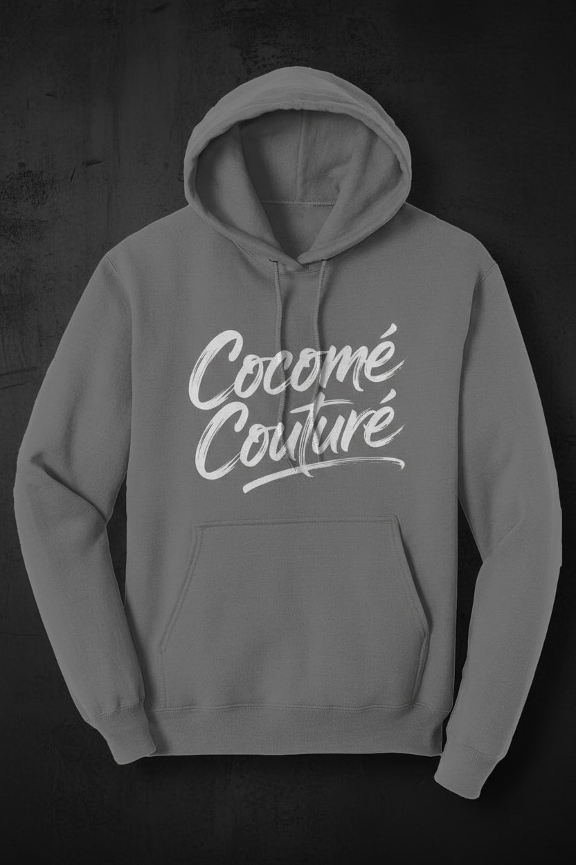 Front view of gray CocoMe Couture Unique Look Hoodie featuring large white script logo, kangaroo pocket, and drawstring hood.