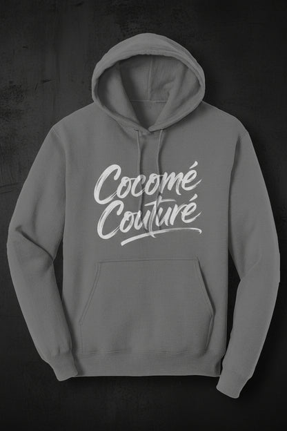 Front view of gray CocoMe Couture Unique Look Hoodie featuring large white script logo, kangaroo pocket, and drawstring hood.