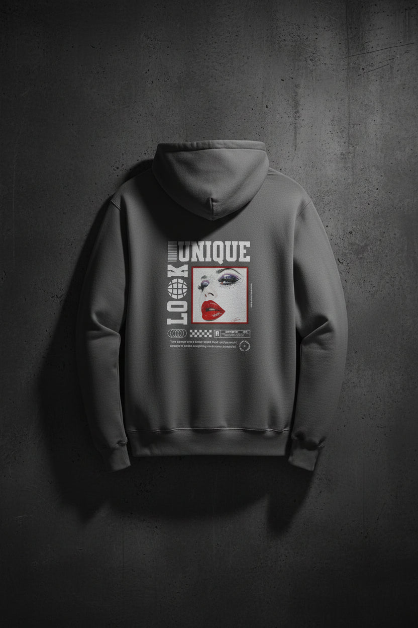 Back view of gray CocoMe Couture Unique Look Hoodie with bold femme graphic, red glitter lips, and barcode-globe design elements.