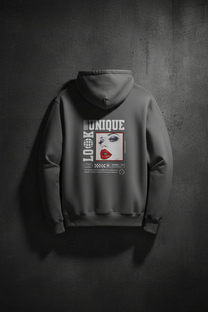 Back view of gray CocoMe Couture Unique Look Hoodie with bold femme graphic, red glitter lips, and barcode-globe design elements.