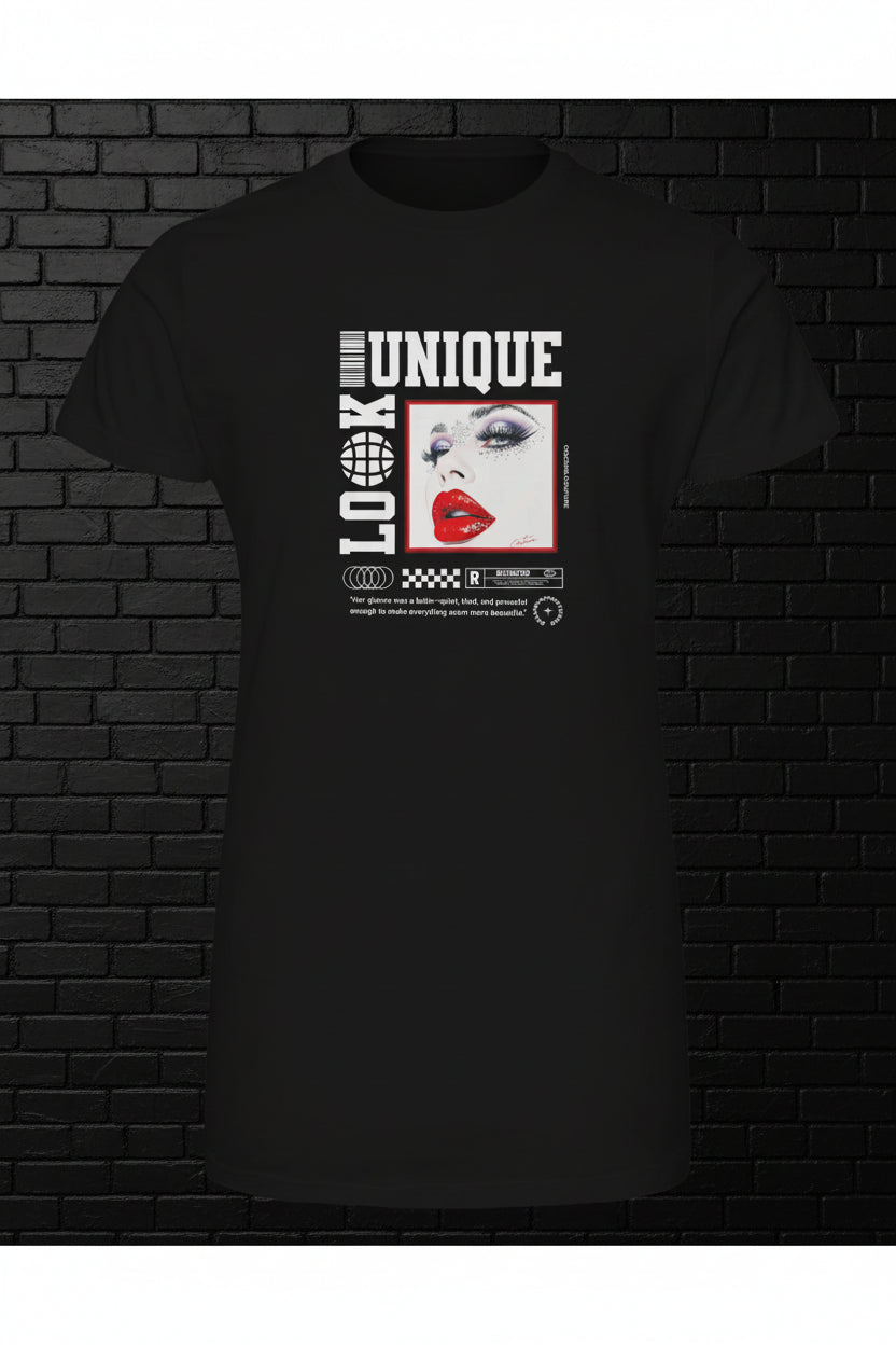 Black 100% cotton tee with 'Unique Look' graphic featuring a woman's face and red lips on a black brick wall.