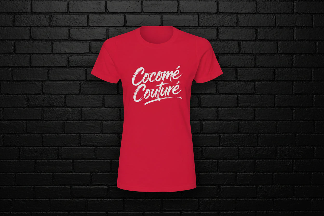 Red premium cotton t-shirt featuring the Cocome Couture logo in white script font against a black brick wall.