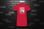 Back view of a red premium cotton tee with 'Unique Look' graphic against a black brick wall background.
