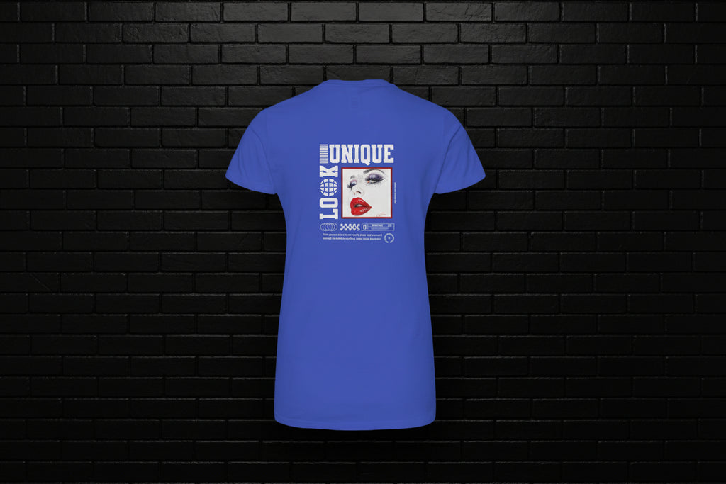 Back of royal blue Unique Look Premium Cotton Tee with graphic print of a woman's face and red lips against a brick wall.