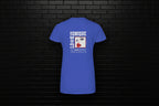 Back of royal blue Unique Look Premium Cotton Tee with graphic print of a woman's face and red lips against a brick wall.