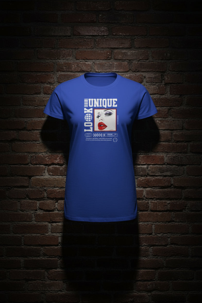Blue t-shirt with a graphic design on the back featuring text and a face.