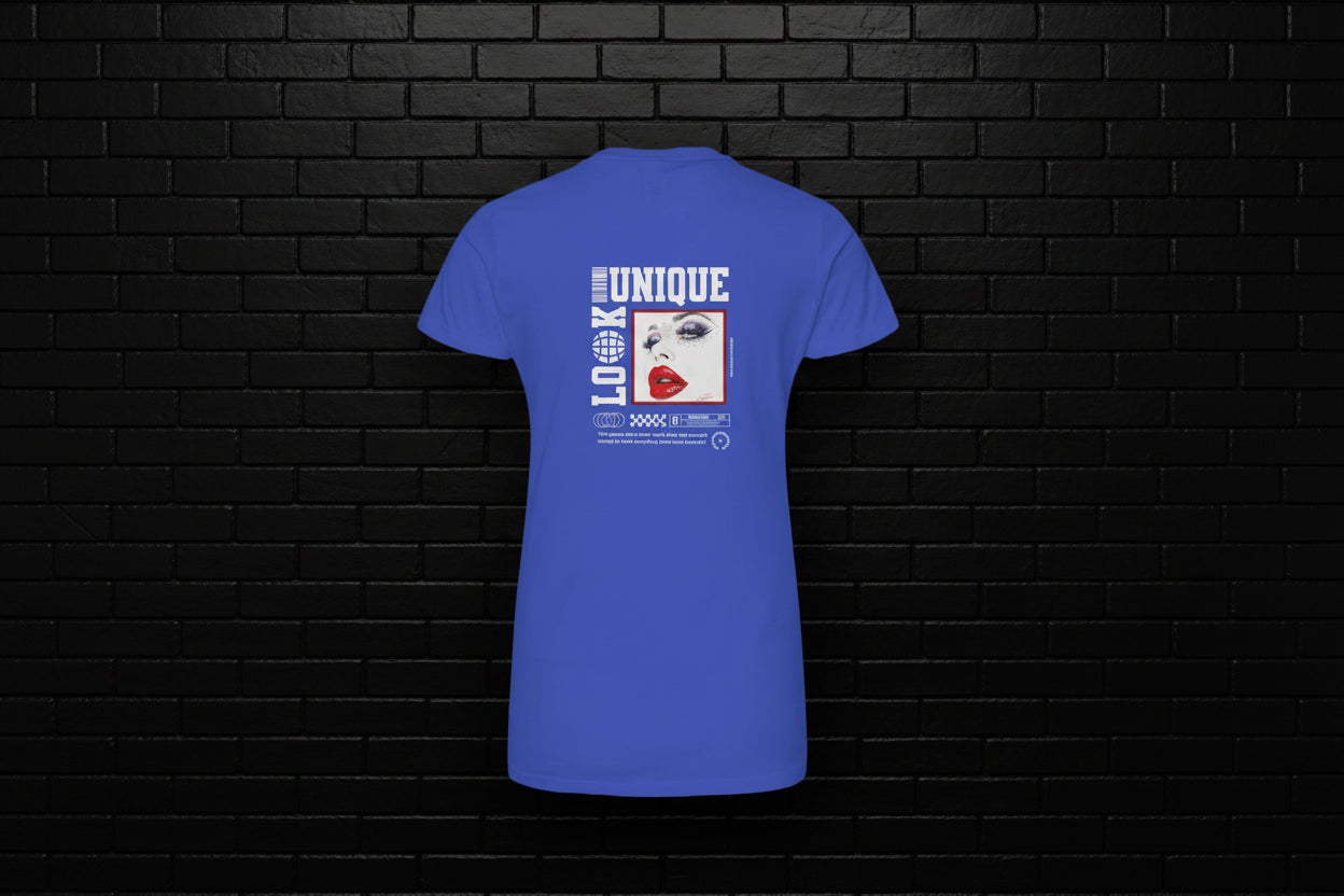 Back of royal blue Unique Look Premium Cotton Tee with graphic print of a woman's face and red lips against a brick wall.