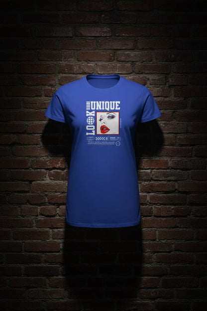 Blue t-shirt with a graphic design on the back featuring text and a face.