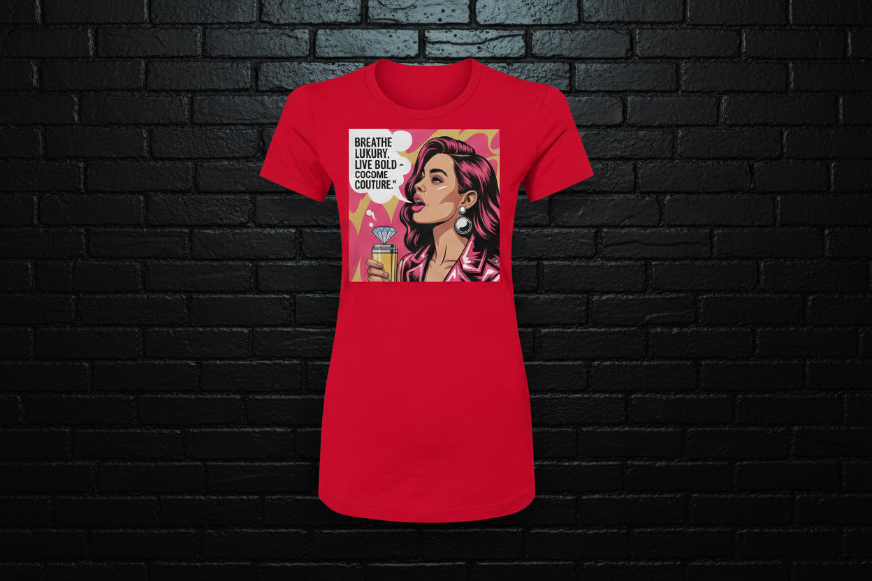 Red Breathe Luxury Slim Fit Tee featuring pop art graphic of a woman and bold text against a black brick background.