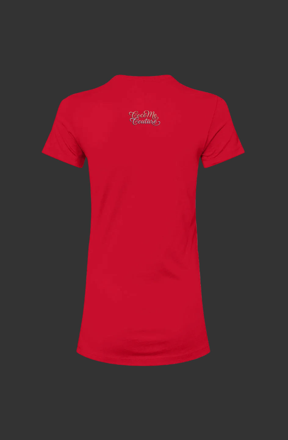 Back view of Breathe Luxury Slim Fit Tee in red with 'Cee Me Couture' logo near neckline, tailored for a feminine silhouette in premium cotton.