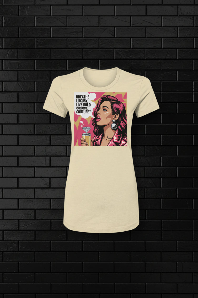 Breathe Luxury Slim Fit Tee in cream with pop-art graphic of a woman on a black brick wall background.