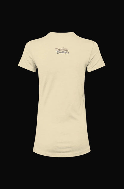 Back view of Breathe Luxury Slim Fit Tee in cream color, showcasing feminine cut and small upper-back graphic, ideal for premium women's fashion lines.