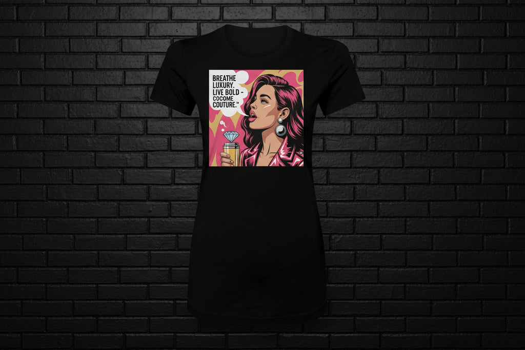 Women's Breathe Luxury Slim Fit Tee in black featuring a pink pop-art graphic of a woman on a brick background.