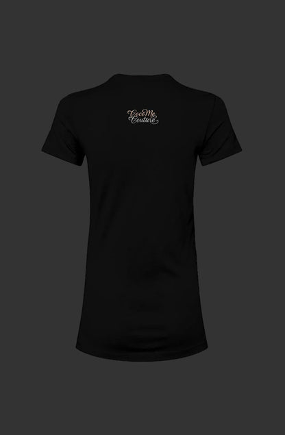 Back view of Breathe Luxury Slim Fit Tee in black featuring 'Ceo Me Couture' logo near neckline, tailored for a feminine silhouette.